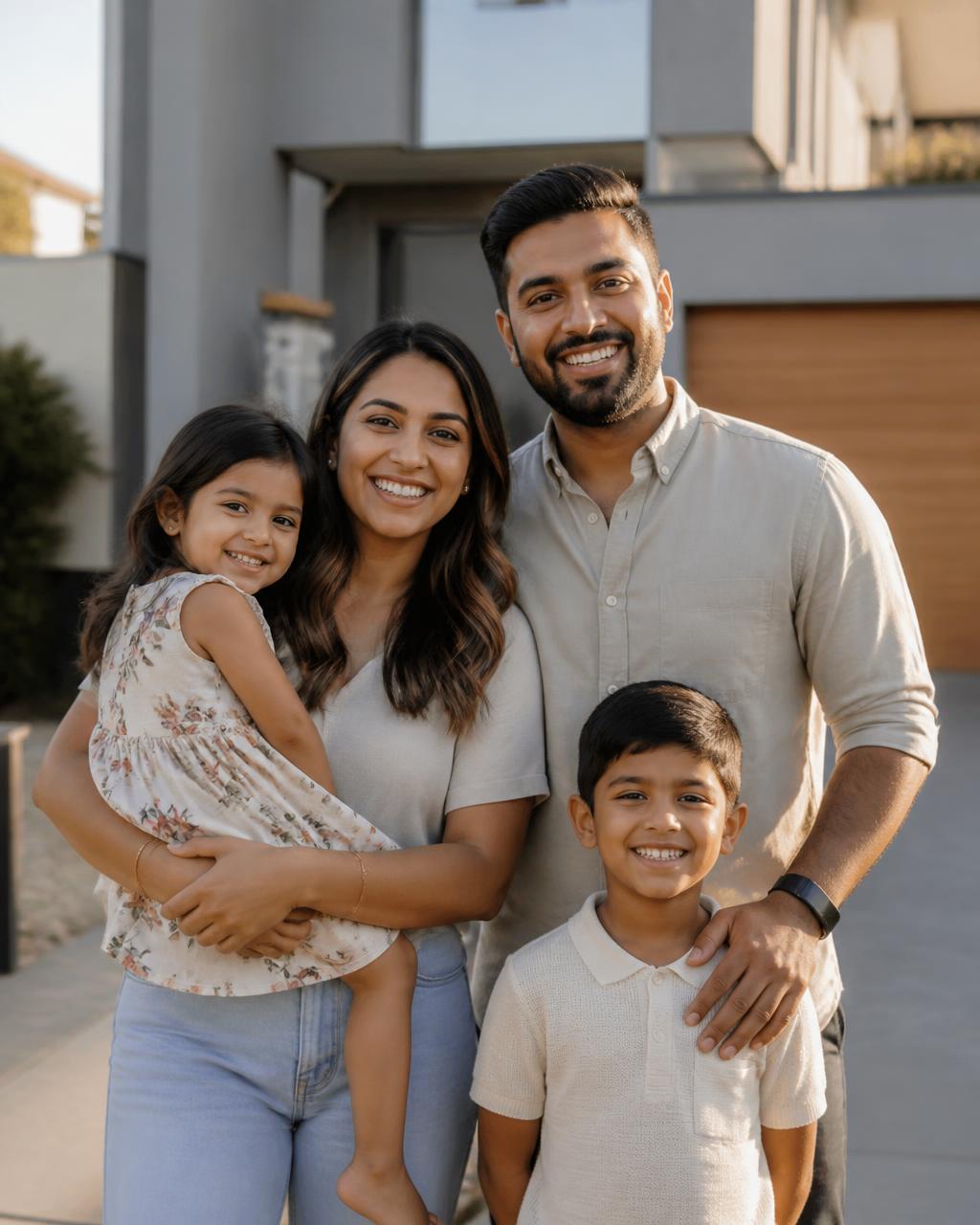 An Indian Australian family standing outside their new home